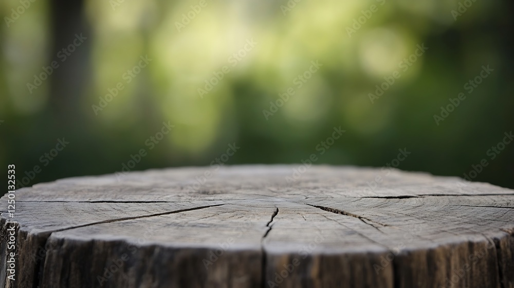 Aufkleber close up of rustic wooden tree stump with blurred green background : generative ai