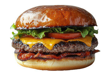 Delicious double cheeseburger featuring melted cheddar, crispy bacon, fresh lettuce, and ripe tomato on a toasted brioche bun, perfect for food lovers.