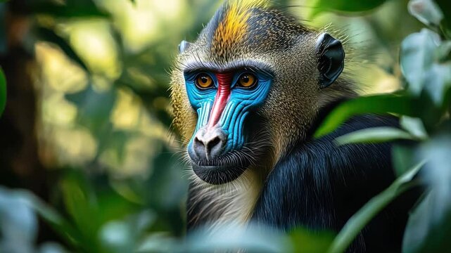 A majestic mandrill calmly sitting amidst lush greenery, showcasing its vibrant facial colors.