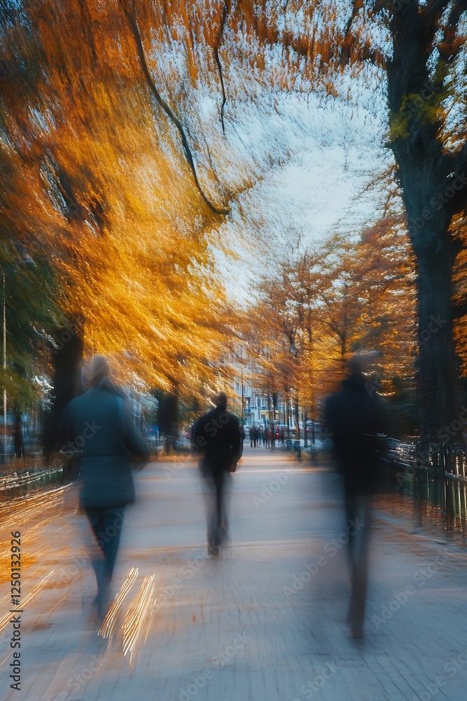 Aufkleber dynamic autumn scene with blurred figures walking through golden foliage in city park : generative a