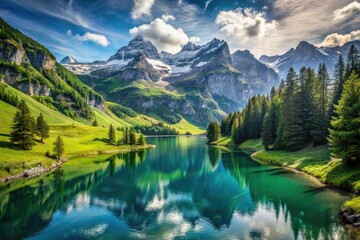 Fototapeta premium Swiss Alps photography: serene mountain vistas, tranquil ambiance, unforgettable scenic views.