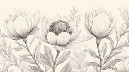 High-Detail Botanical Illustration with Realistic Flowers and Foliage Intricately Drawn in Vintage Ink-Style, Timeless and Elegant Aesthetic