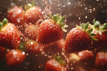 Juicy red strawberries arranged on a white plate with a green leafy background.