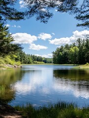 Obraz premium Tranquil Scenic View of a Serene Lake Surrounded by Lush Green Trees on a Sunny Day : Generative AI