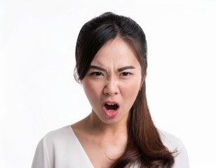 head shoot portrait of angry asian women isolated on white