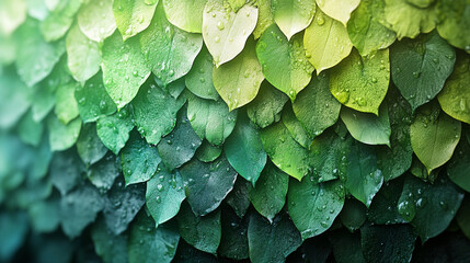Fototapeta premium Vibrant Green Leaves Lush Nature Water Drops Background Texture wet dew leaf plant fresh image photo