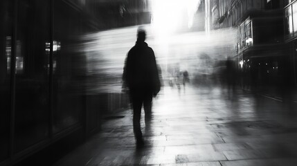 Mysterious Human Silhouette Walking Through Foggy Urban Street at Night : Generative AI