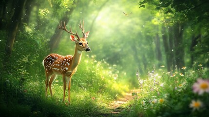 Fototapeta premium Majestic deer in sunlit forest clearing with wildflowers.