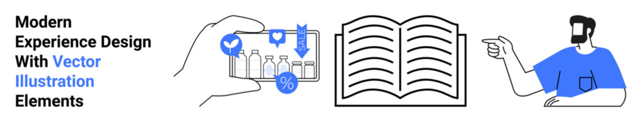 Hand interacting with data tools, open book symbolizing knowledge, and character pointing for guidance. Ideal for education, tech tutorials, digital learning, UX design, infographics, modern design