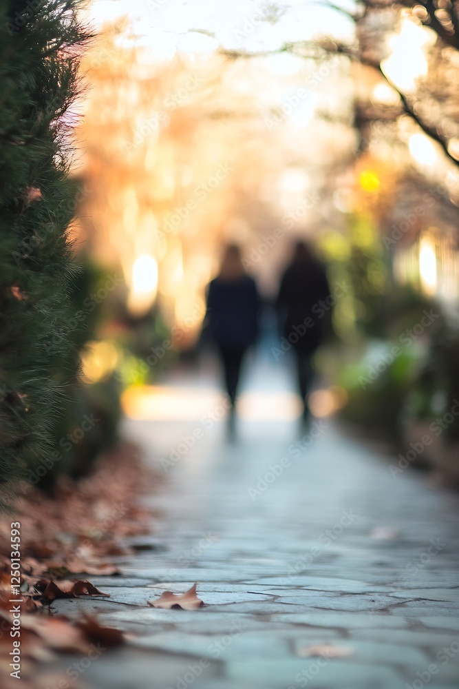 Poster blurred scene of two people walking on a stone pathway amidst autumn leaves creating a peaceful ambi