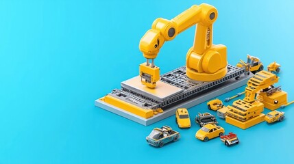 Fototapeta premium A yellow robotic arm is assembling mini vehicles on a platform against a bright blue background, showcasing automation and creativity.