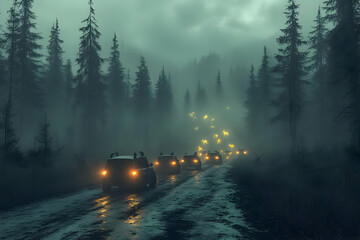Misty Forest Road At Night With Cars