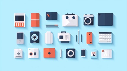 Fototapeta premium A colorful arrangement of modern gadgets and devices on a blue background, showcasing technology and design in a flat lay style.