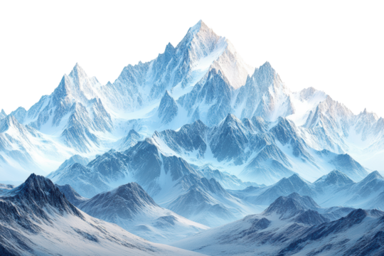 Magnificent snow-capped mountains rise majestically against a clear blue sky, showcasing nature's beauty, tranquility, and sheer power in a breathtaking view.