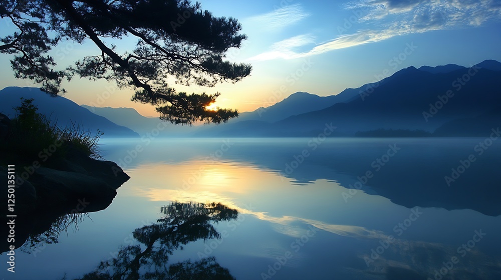 Poster serene twilight over a calm lake with mountain reflections in the water : generative ai