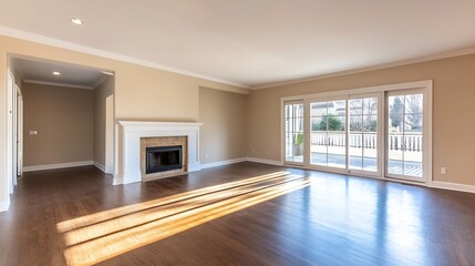 Fototapeta premium Spacious empty living room with natural light and modern fireplace for interior design inspiration : Generative AI