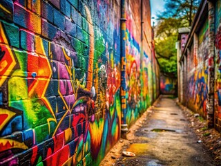 Fototapeta premium Textured urban graffiti wall art: a colorful mural explodes across a grunge landscape, capturing street art's raw energy.