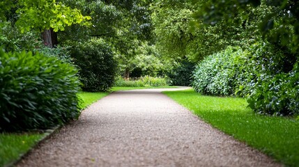 Obraz premium Scenic Walkway Surrounded by Lush Green Shrubs in a Peaceful Park : Generative AI