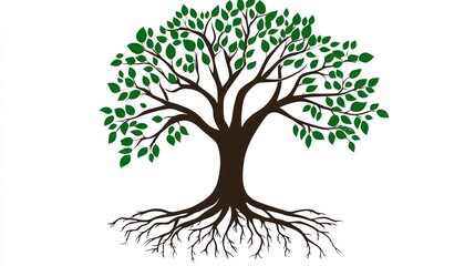 Fototapeta premium Lush green tree, deep roots, white background, nature illustration, website design