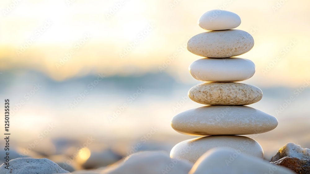 Aufkleber balanced harmony of smooth stones reflecting calmness and serenity by the shore : generative ai