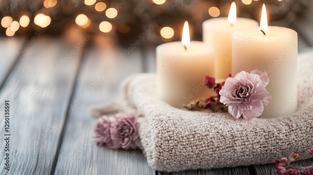 Poster serene candles and flowers on soft towel creating cozy atmosphere in warm glow : generative ai