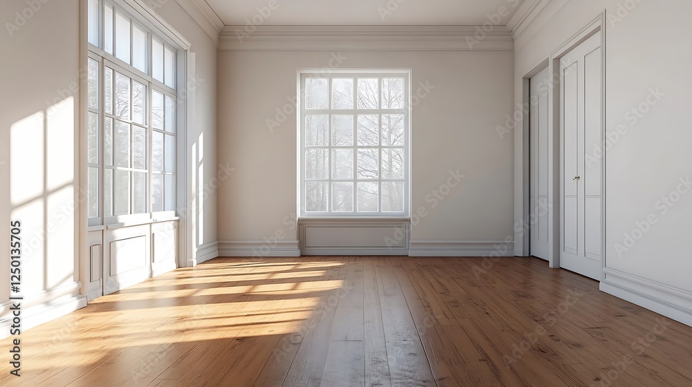 Poster bright and spacious interior of an empty room with sunlight streaming through windows : generative a