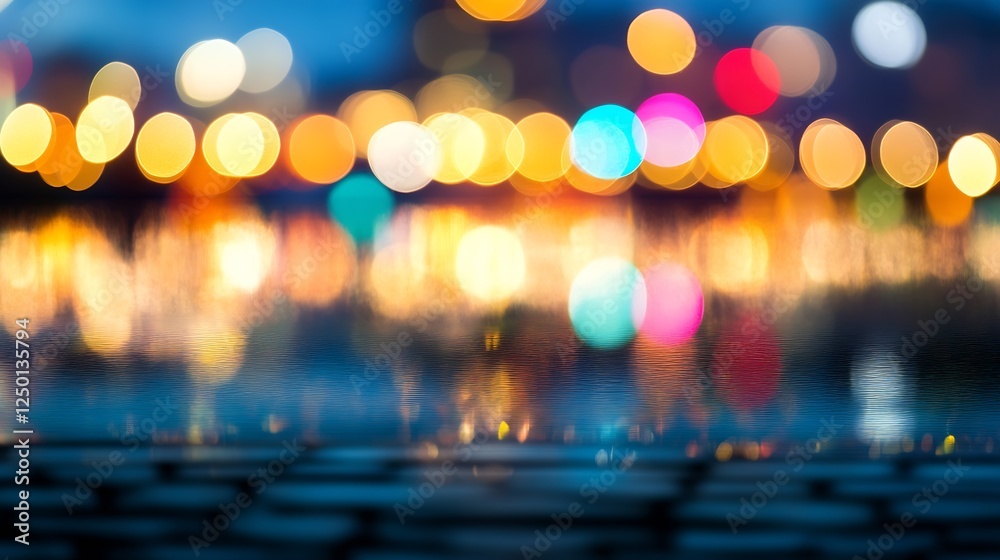 Poster colorful bokeh lights reflecting on water creating a dreamy atmosphere at night : generative ai