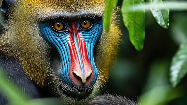A majestic mandrill calmly sitting amidst lush greenery, showcasing its vibrant facial colors.