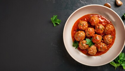 Meatballs in rich tomato sauce, garnished with fresh parsley.