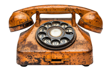 This vintage orange rotary phone showcases classic design with a charmingly distressed finish, perfect for retro themes and nostalgic decor.