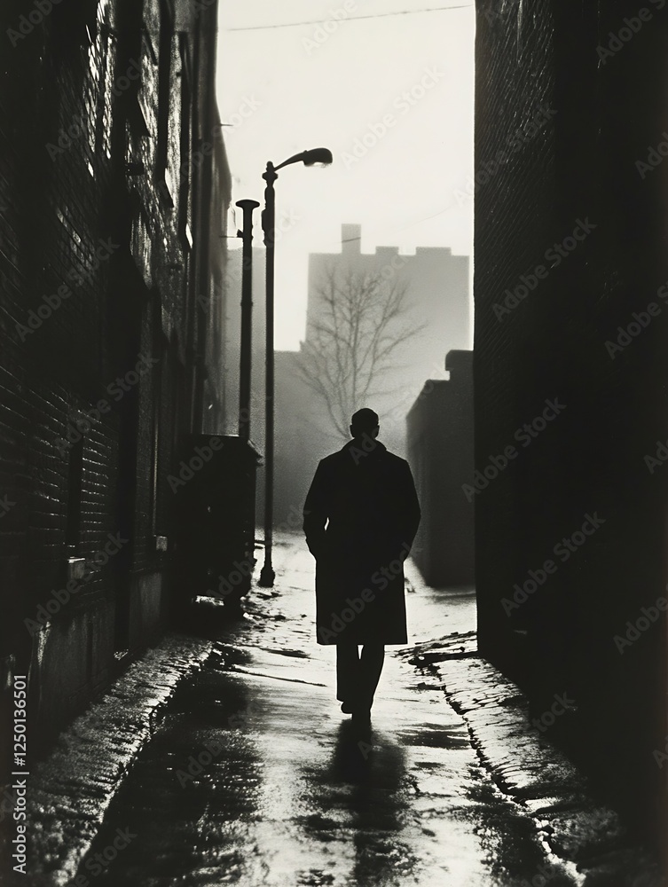 Poster mysterious silhouette of a man walking alone in a dark alley surrounded by shadows and urban atmosph