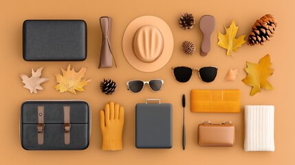Autumnal Accessories Flat Lay: A 3D Rendered Collection of Fall Essentials AI Generated