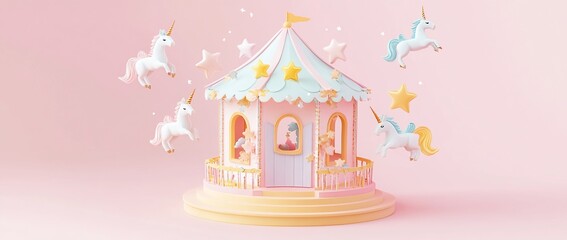 Obraz premium Pastel pink carousel with unicorns and stars.
