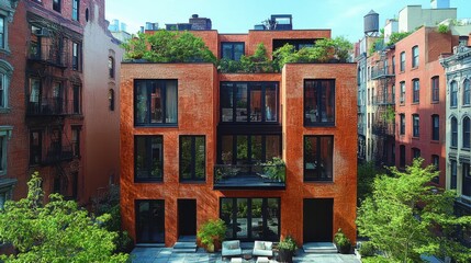Naklejka premium Urban Oasis, Modern Brick Townhouse with Green Roof