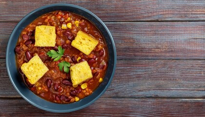 Fototapeta premium A hearty bowl of chili, topped with cornbread croutons. Warm, comforting flavors.