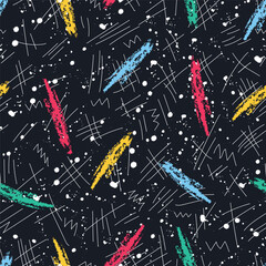 Fototapeta premium Memphis Seamless Pattern. Abstract Modern Print. Multicolored Elements on Black Background. Sample can be used for Fabric, Cover, Wrapping Paper. Vector Illustration