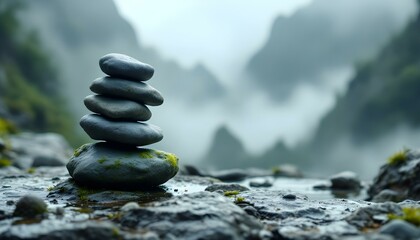 zen, stones, tall, stack, moss, rugged, surfaces, rocky, ledge, mountain, mist, thick, blurred, foggy, background, diffused, natural, light, photorealistic, detail, serene, tranquil, harmony, peaceful