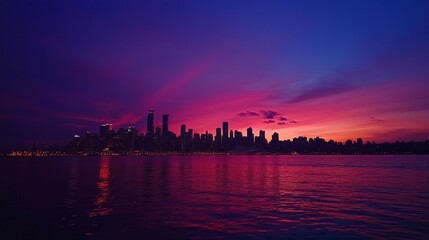 Fototapeta premium A vibrant sunset over a city skyline reflected in water, showcasing nature and urban life.