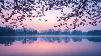 Fototapeta premium Romantic Spring Evening with Cherry Blossom Trees Silhouetted Against a Soft Pink and Lavender Sky, Twilight Glow Reflecting on a Calm Lake