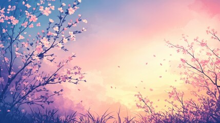 Fototapeta premium Serene Spring Dusk Background with Soft Pastel Sky, Silhouetted Blossoming Trees, and Gentle Fading Sunlight