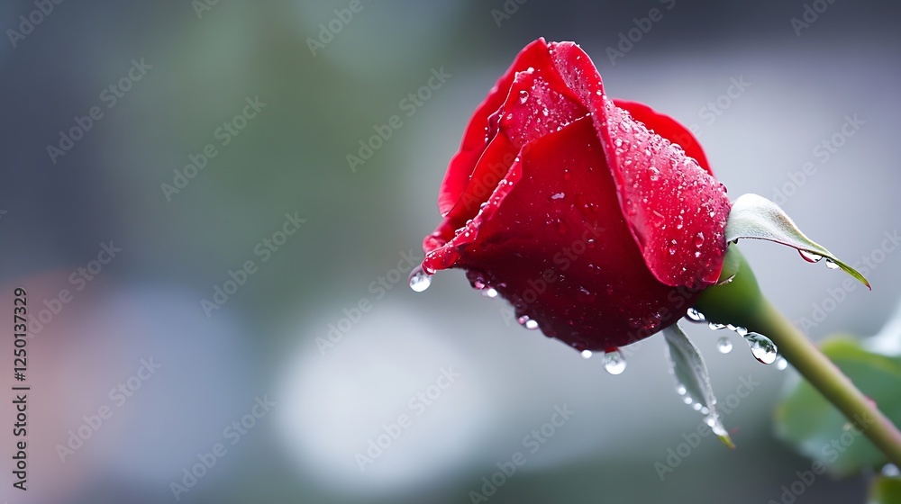 Poster fresh red rose with water drops on petals captured in soft focus : generative ai