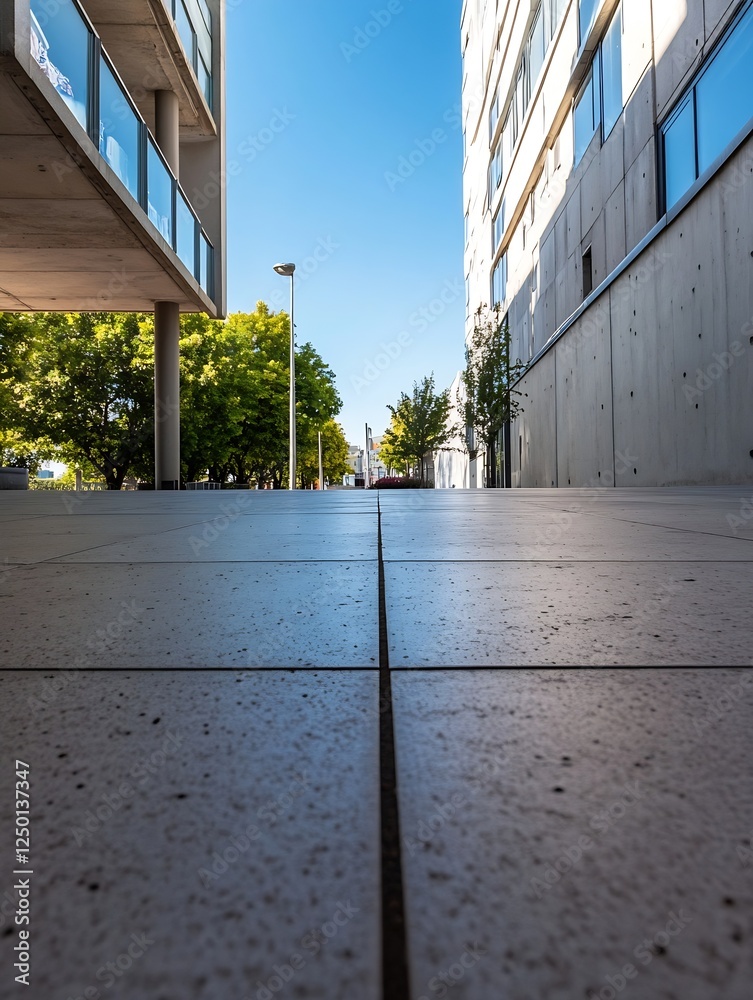 Poster modern urban landscape with concrete and trees captured from the ground perspective : generative ai