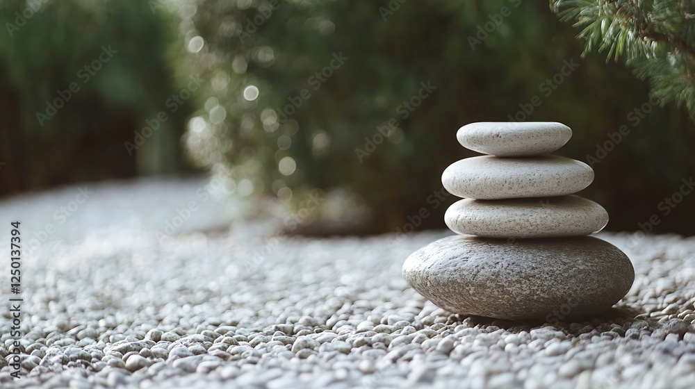 Poster Balanced Stone Tower in Peaceful Zen Garden with Soft Focus Creating a Meditative Atmosphere : Generative AI