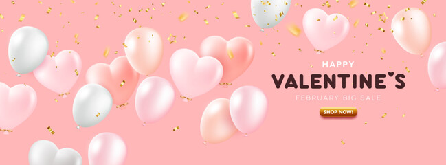 Valentines day sale, colorful heart shaped balloons banner design on pink background, Eps 10 vector illustration © Sarunyu_foto
