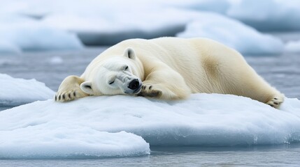 Fototapeta premium Serene Arctic Tranquility - Polar Bear Resting on Floating Ice Sheet with Calm Ocean Background