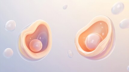 Abstract 3D render of two shell-like forms containing pearls, floating against a soft background.
