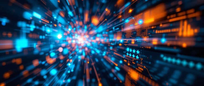 Digital technology speed light tunnel with blue and orange glow effect. Abstract background for cyber Monday, black Friday, digital transformation and tech sales