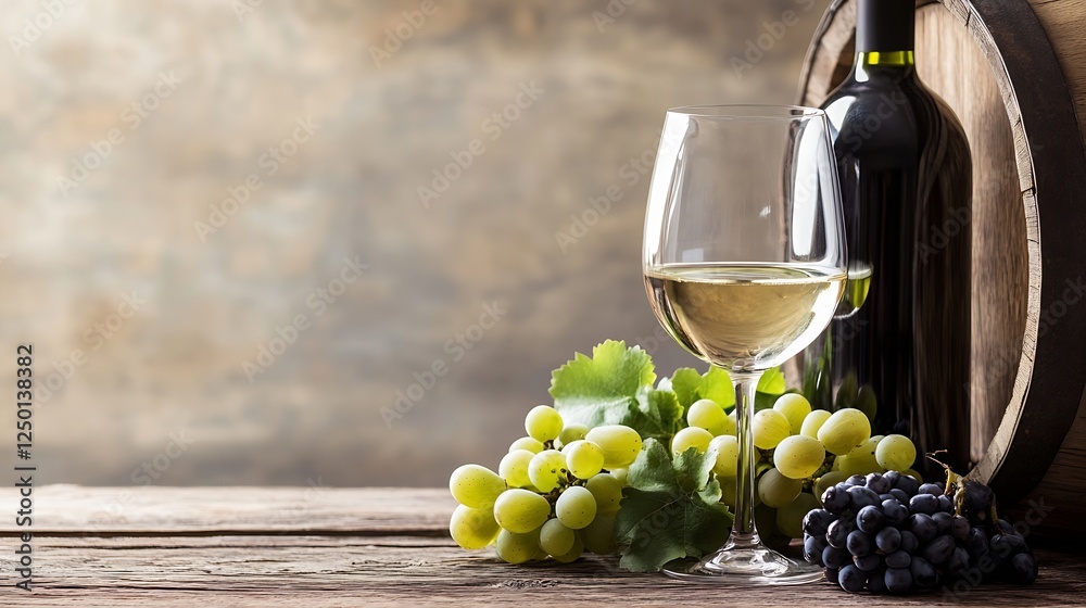 Poster fresh white and red wine with grapes on rustic wooden table : generative ai