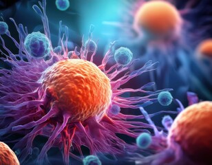 medical illustration featuring cancer cells from a microscopic to macroscopic view