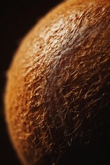 Close-up of a kiwi fruit's fuzzy brown skin, showing texture and detail.